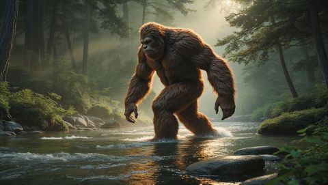 Mythical bigfoot navigates serene forest river