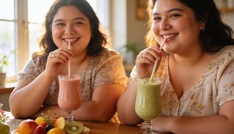 Smiling women sipping pink and green smoothies at sunny cozy brunch with fresh fruit