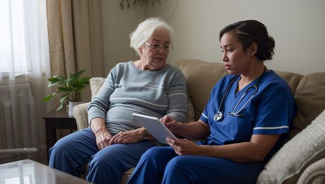Nurse discussing care plan with senior woman on couch using tablet