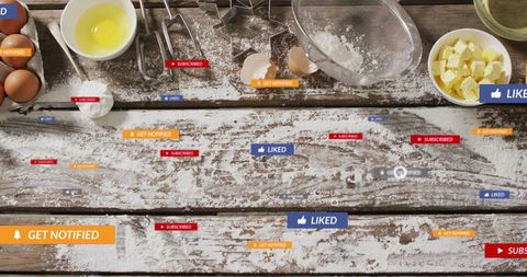 Rustic baking flatlay with flour, eggs, utensils and social media notifications