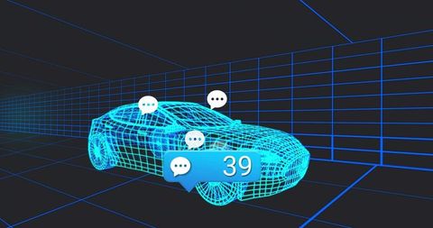 Neon wireframe sports car in virtual grid showing chat bubbles and 39 notifications