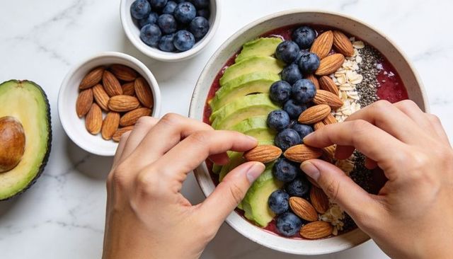 Hands arranging almonds on acai smoothie bowl with sliced avocado, blueberries, oats and chia