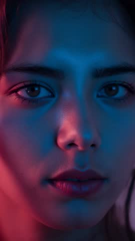 Gazing Woman Blinking and Shifting Gaze in Red-Blue LED Light Vertical Portrait Video