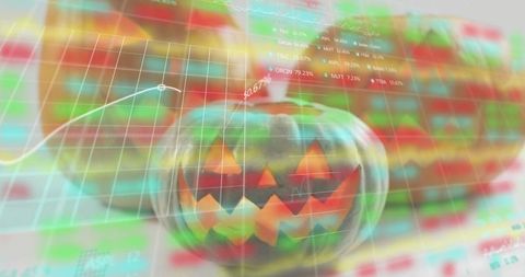 Neon Jack-o'-lantern Reflecting Stock Market Candlestick Charts and Line Graph