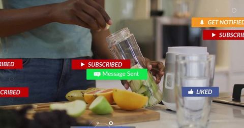 Woman Preparing Fresh Fruit Smoothie Holding Blender Jar with Social Media Overlays