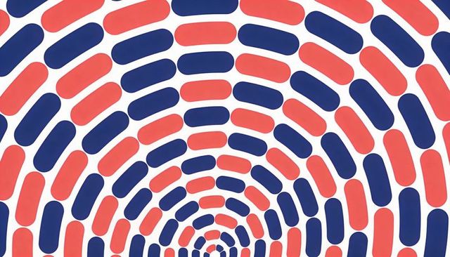 Radiating concentric capsule pattern radial coral red navy blue optical tunnel illusion