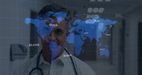 Doctor Analyzing Digital Global Health Data Projection