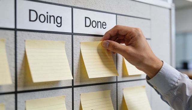 Placing yellow sticky note on done column of kanban board, hand organizing office tasks