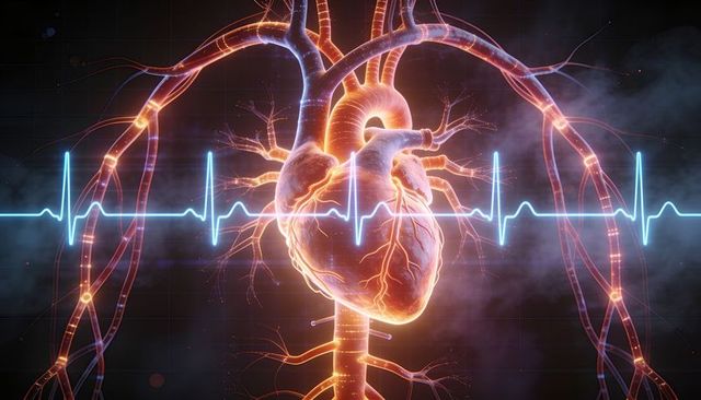 Glowing anatomical heart with neon ecg waveform and vascular network 3d medical concept