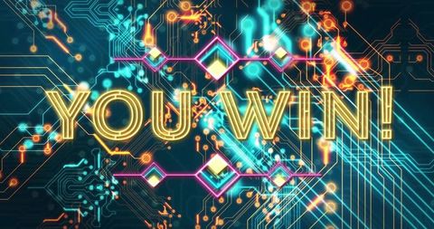 You win! neon victory on futuristic circuit board with glowing gold lettering and electric sparks