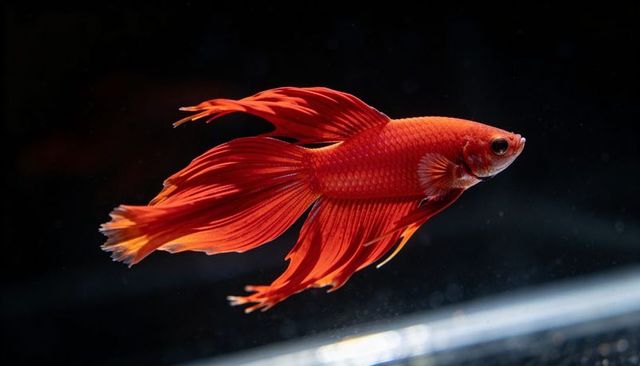 Swimming red betta fish with flowing fins and iridescent scales on dark background