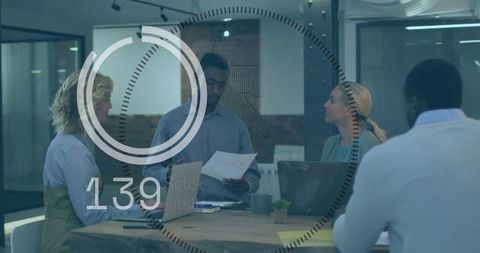 Team Collaboration on Modern Office with Data Visualization Overlay