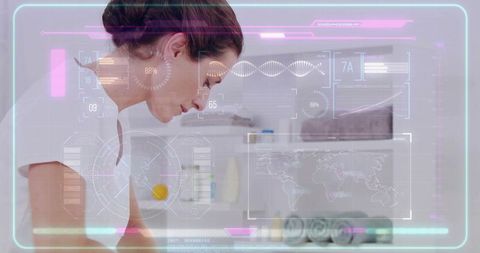 Clinic technician leaning over holographic genomics interface with dna helix and diagnostics