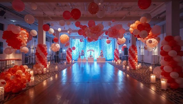 Balloon-filled ballroom with polished dance floor and blue illuminated stage backdrop for gala