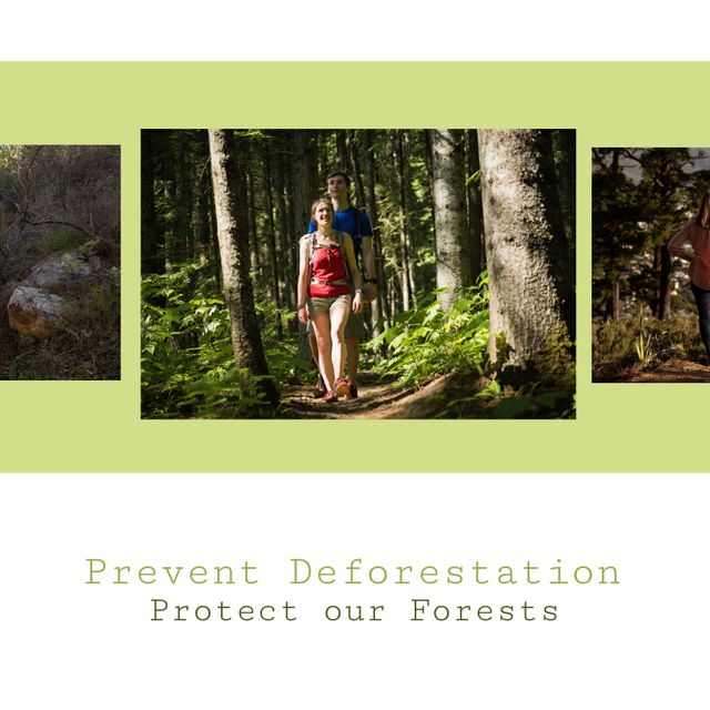 Collage of caucasian explorers enjoying in woodland and prevent deforestation, protect our forests. Text, adventure, tree, nature, awareness, protection and environmental conservation concept.