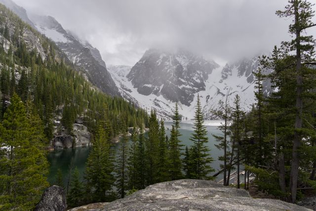 Misty mountain lake with pine trees lining the banks and snow-capped peaks. Ideal for use in outdoor-themed projects, nature montages, travel magazines, and presentations demonstrating serene and natural beauty in wilderness areas.