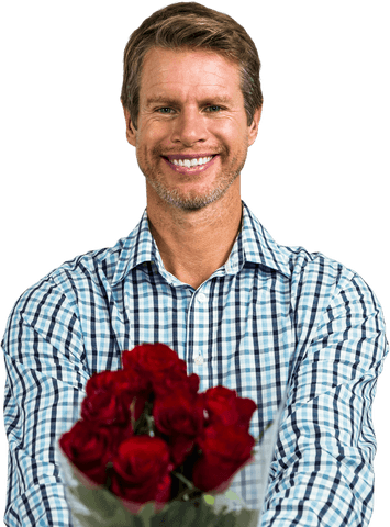 Smiling man presenting transparent bouquet of red roses