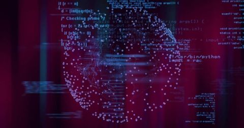 Rotating Digital Globe Pulsing with Connected Nodes and Floating Code Data Visualization