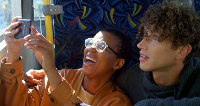 Smiling Friends Taking Selfie on Bus - Download Free Stock Images Pikwizard.com