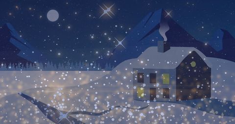Digital illustration features a cozy house covered in snow nestled in a snowy landscape under a starry night sky. Ambient lights suggest warmth and festivity, making it ideal for holiday-themed designs, greeting cards, or seasonal promotional material.