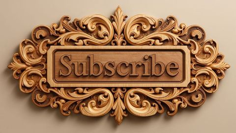 Ornate wooden subscribe plaque with baroque scrollwork and carved relief typography