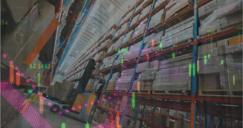 Warehouse with Data Overlay Highlighting Global Shipping Analytics
