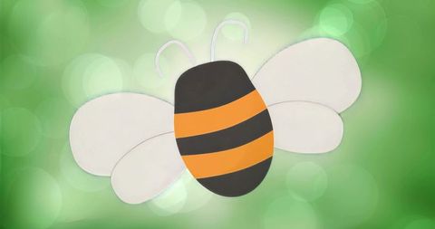 Floating whimsical bumblebee mascot on green bokeh background for kids branding