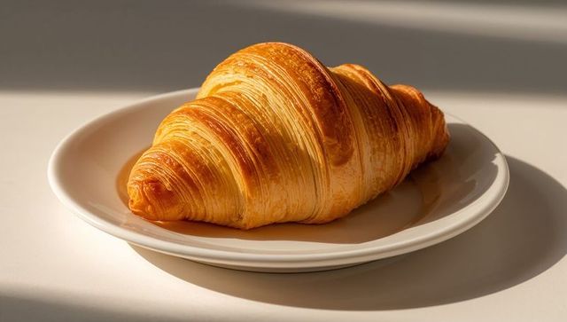 Buttery Croissant Basking in Warm Sunlight on Ceramic Plate for Minimalist Breakfast