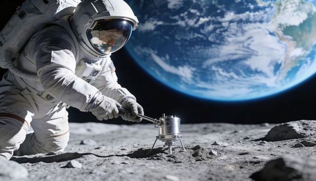 Astronaut kneeling on moon adjusting scientific instrument with wrench, Earth rising