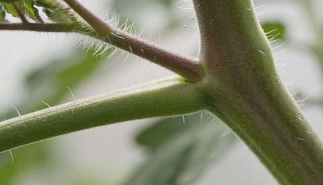 Macro tomato stem close-up showing fuzzy trichomes, node detail and green texture