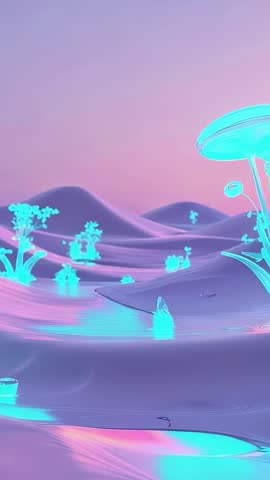 Vertical fantasy desert displaying glossy dunes, cyan liquid pools, glowing mushrooms