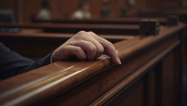 Resting hand on courtroom rail closeup showing tension reflection legal testimony