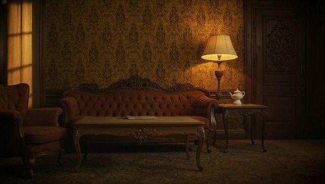 Luxury vintage living room with elegant tufted sofa and warm lamp