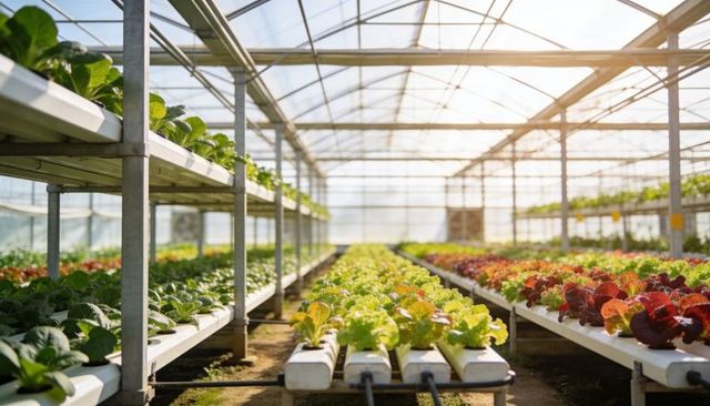 Hydroponic lettuce rows thriving in sunlit modern greenhouse with tiered pvc channels