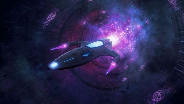 Spaceship soaring through cosmic wormhole vortex