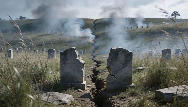 Broken gravestones flanking deep fissure on windblown cemetery hill with rising smoke
