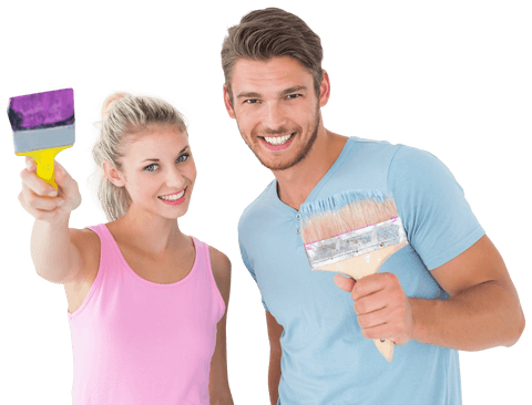 Smiling couple holding paintbrushes with transparent background