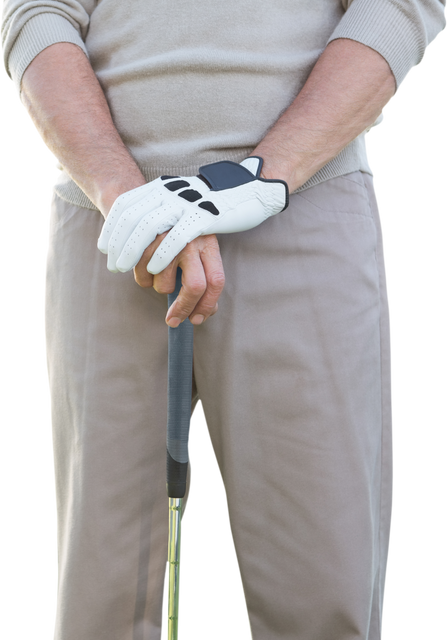 Midsection representation of a Caucasian male golf player wearing gloves and holding a golf club set against a transparent background. Suitable for use in promotional materials, sports advertisements, instructional materials on golfing techniques, or designs highlighting leisure activities. Ideal for creating brochures, digital content, or visuals that emphasize the stature, equipment, and attire associated with golfing.