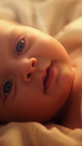 Vertical newborn closeup gazing, shifting eyes, blinking and pouting while settling in swaddle