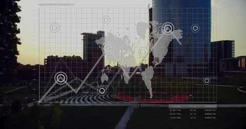 Data Visualization Overlay on Urban Skyline at Dusk