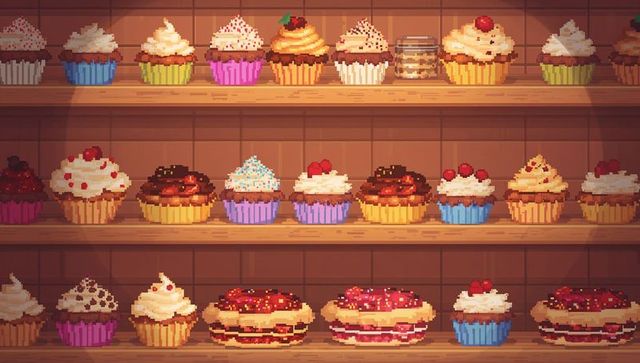 Retro 8-bit bakery displaying assorted cupcakes and tarts on wooden shelves with tiled wall