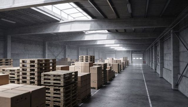 Storing palletized boxes and pallets along industrial warehouse aisle under skylights