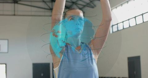 Female Basketball Reaching for Shot in Blue Jersey with Holographic Globe Overlay