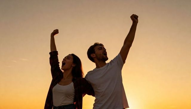 Young couple celebrating sunset raising fists in silhouette expressing joy unity and freedom