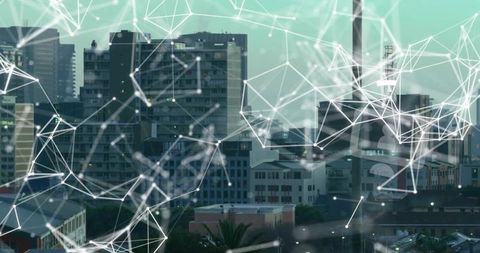 Digital Network Overlay on Urban Skyline with Glowing Nodes