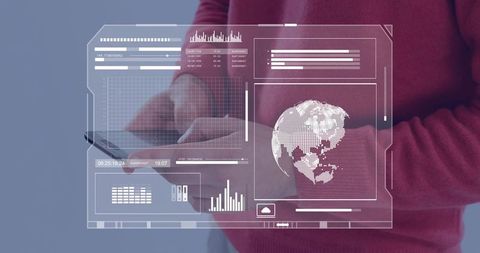 Holding tablet and tapping holographic ui with global data visualization and analytics