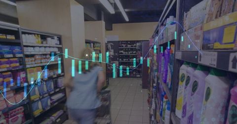 Pushing Cart Through Supermarket Aisle with Retail Analytics Overlay and Motion Blur