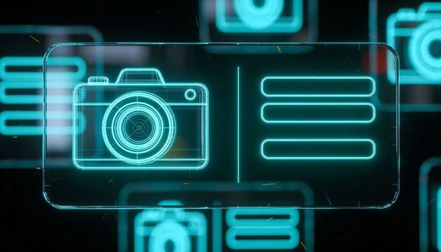 Holographic camera icon hud panel showing neon cyan menu bars glassy translucent interface