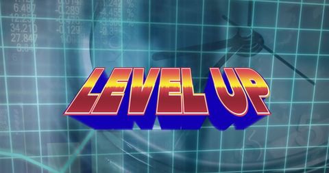 Level up on digital grid banner with clock background