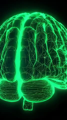 Neon Wireframe Brain Rotating Right-to-Left Posterior View Futuristic Digital Neuroscience Loop